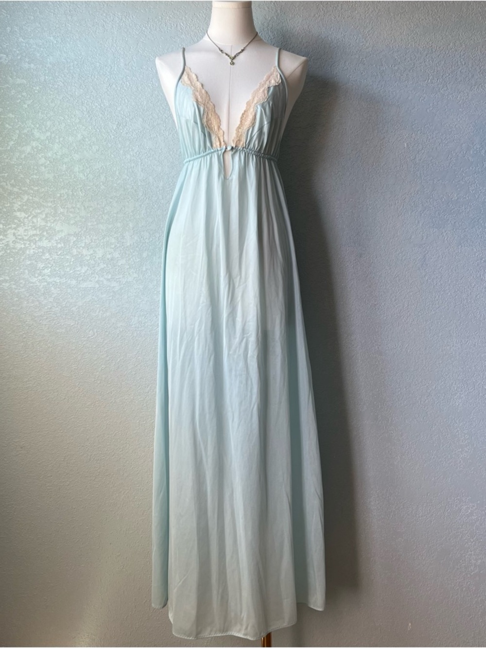 Vintage Y2K Mint Slip Dress Lace Trim Satin Maxi Nightgown Coquette Size S